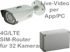 238.034 4G/LTE Outdoor Mobilfunk-Baustellenkamera Set. Live-Video, Aufzeichnung, Zutrittsalarm, per Handy-App oder PC. SANTEC 4MP Motor-Zoom-Kamera und SIM-Router für 32 Kameras. Ideal zur Überwachung von Baustellen, Dokumentation und Zeitraffer